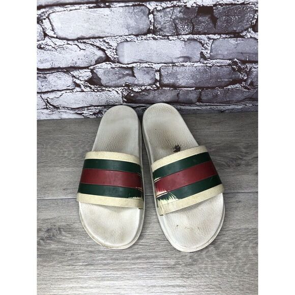 GUCCI Web White Rubber Logo Casual Slides Designer Sandals Men’s Sz 11M US/44EU - Picture 1 of 16